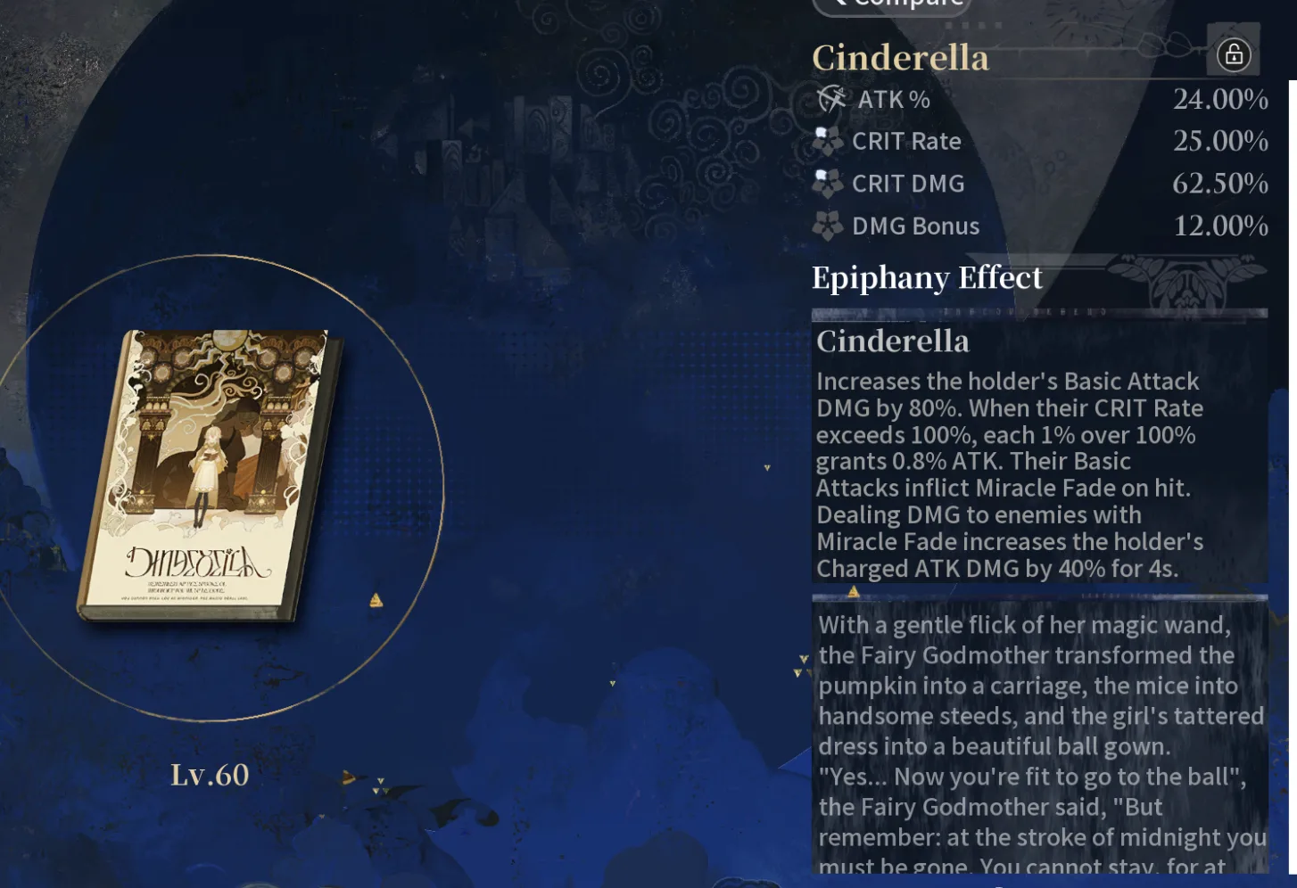 Silver Palace Epiphany detail screen for Cinderella at Lv.60, showing the ballroom cover art, ATK and CRIT substats, and the Miracle Fade effect text