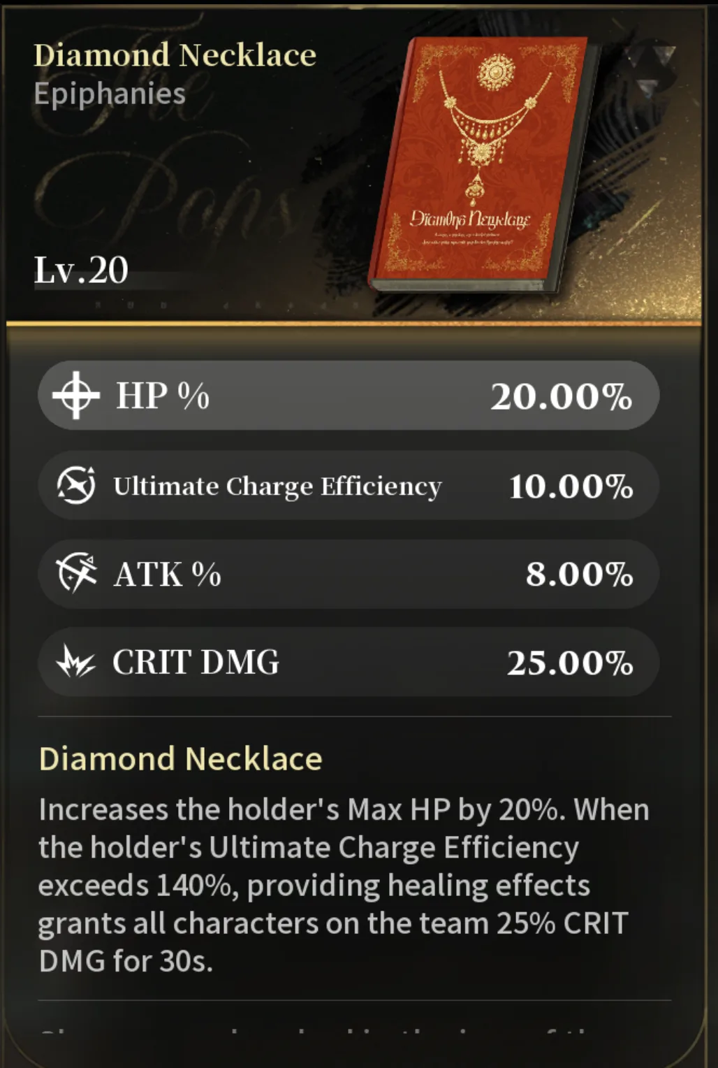 Silver Palace Epiphany panel for Diamond Necklace at Lv.20, showing the red and gold necklace cover art, HP and CRIT DMG substats, and the team CRIT DMG effect text