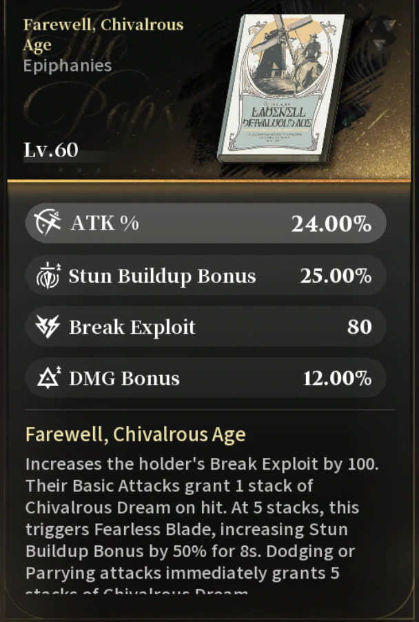 Silver Palace Epiphany panel for Farewell, Chivalrous Age at Lv.60, showing its windmill cover art, four substats, and the Chivalrous Dream and Fearless Blade effect text