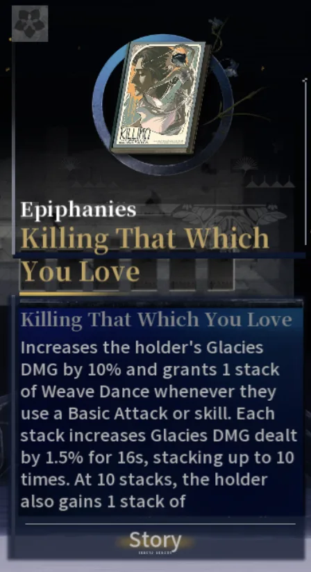 Silver Palace Epiphany tooltip for Killing That Which You Love, showing the book cover art and the Glacies DMG and Weave Dance stacking effect text
