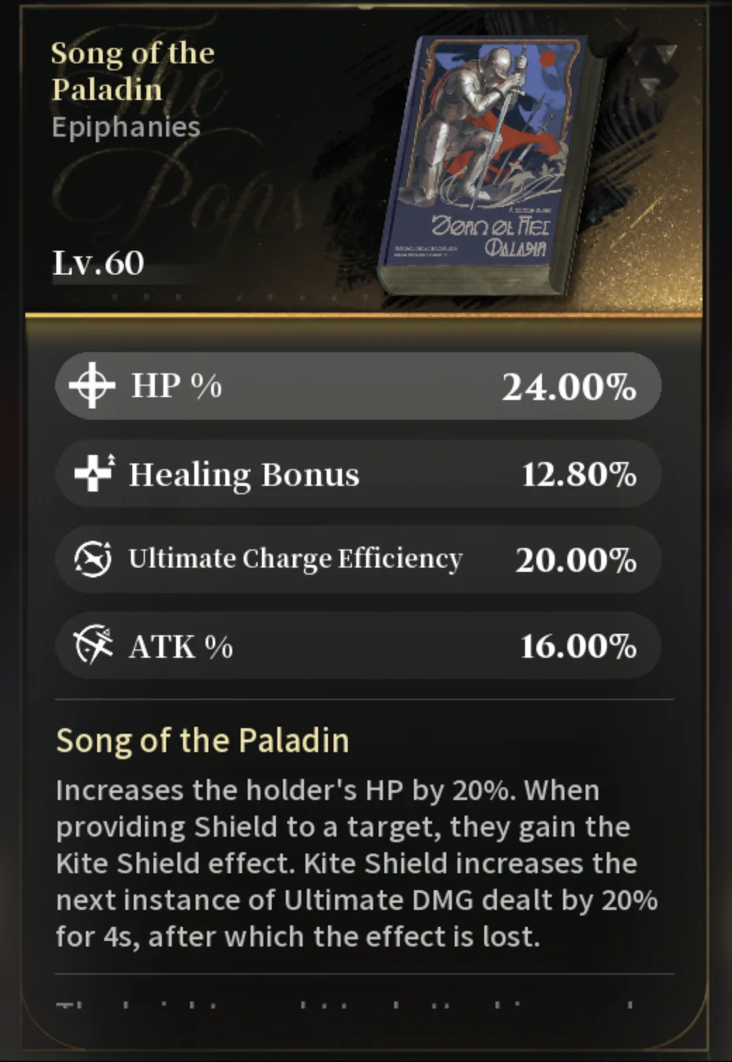 Silver Palace Epiphany panel for Song of the Paladin at Lv.60, showing the kneeling knight cover art, HP and Healing Bonus substats, and the Kite Shield effect text