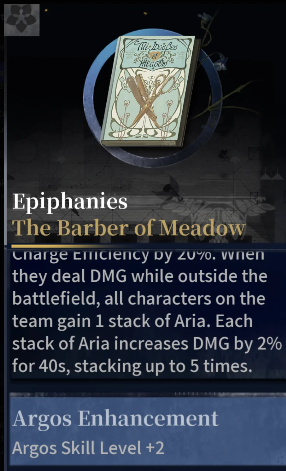 Silver Palace Epiphany tooltip for The Barber of Meadow, showing the razor and scissors cover art and the off-field Aria stacking effect text
