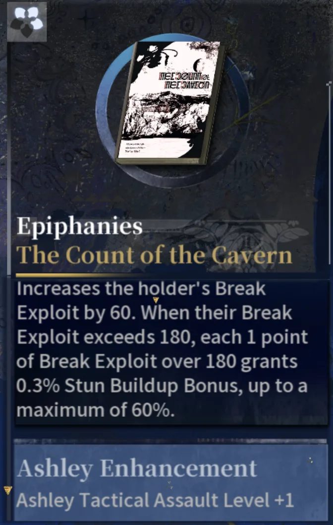 Silver Palace Epiphany tooltip for The Count of the Cavern, showing the black and white cavern cover art and the Break Exploit to Stun Buildup Bonus effect text