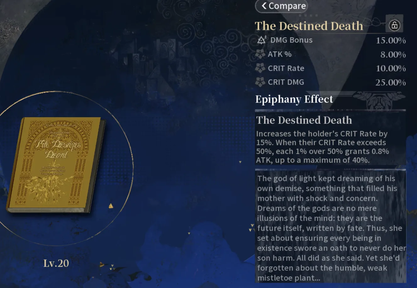 Silver Palace Epiphany detail screen for The Destined Death at Lv.20, showing the gold mistletoe cover art, CRIT substats, and the CRIT Rate to ATK conversion effect text