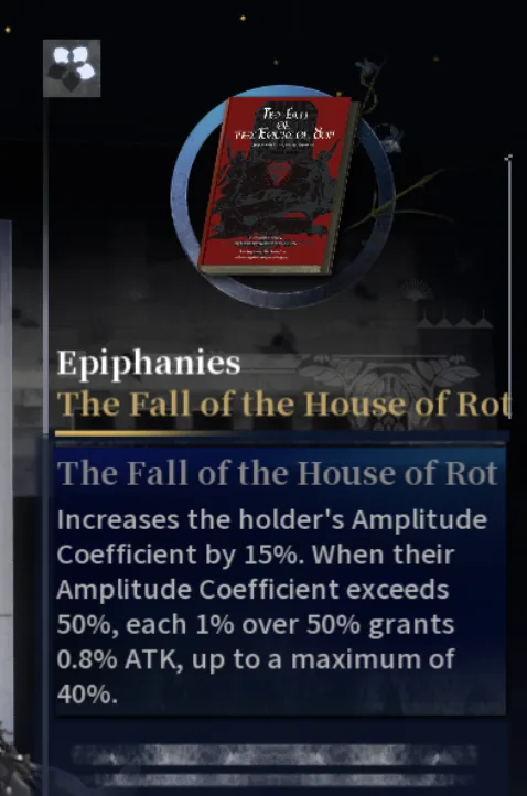 Silver Palace Epiphany tooltip for The Fall of the House of Rot, showing the dark red manor cover art and the Amplitude Coefficient to ATK conversion effect text