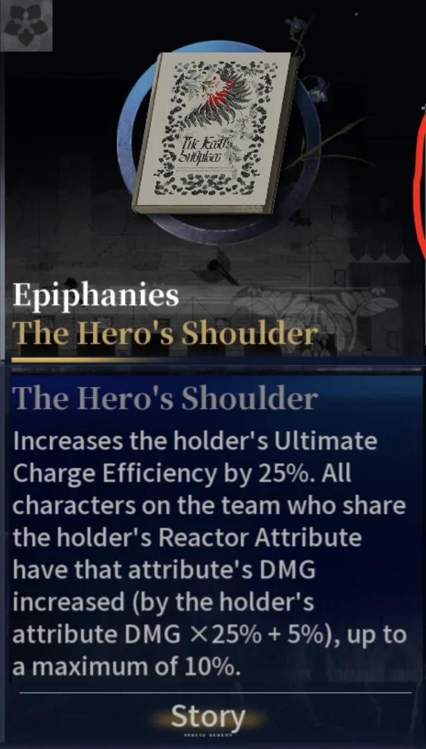 Silver Palace Epiphany tooltip for The Hero's Shoulder, showing the pale leaf-pattern cover art and the shared Reactor Attribute DMG effect text