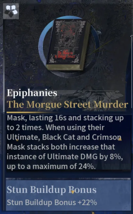 Silver Palace Epiphany tooltip for The Morgue Street Murder, showing the ornate dark cover art and the Black Cat and Crimson Mask Ultimate DMG effect text