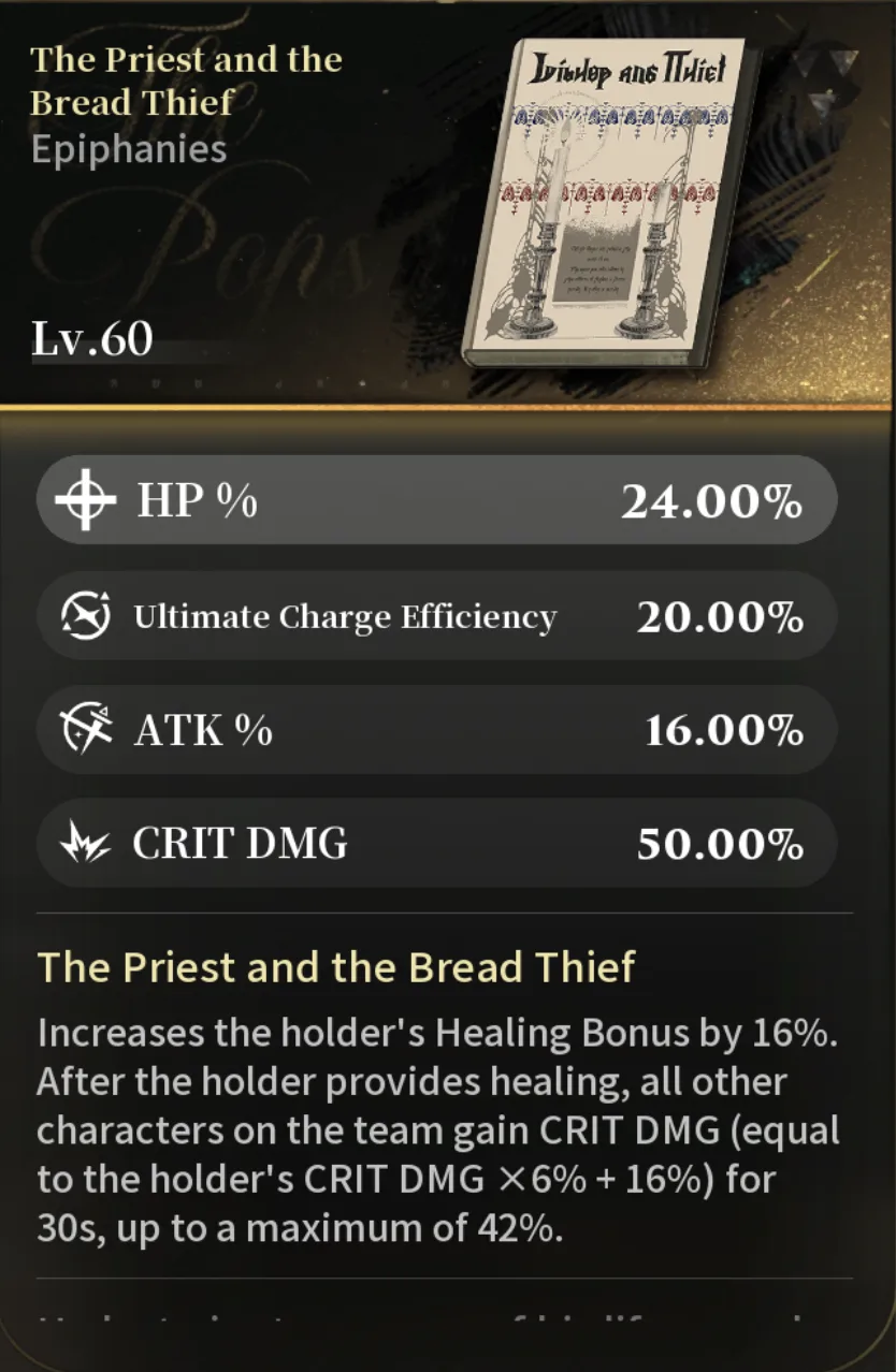 Silver Palace Epiphany panel for The Priest and the Bread Thief at Lv.60, showing the candlesticks cover art, HP and CRIT DMG substats, and the healing to team CRIT DMG effect text