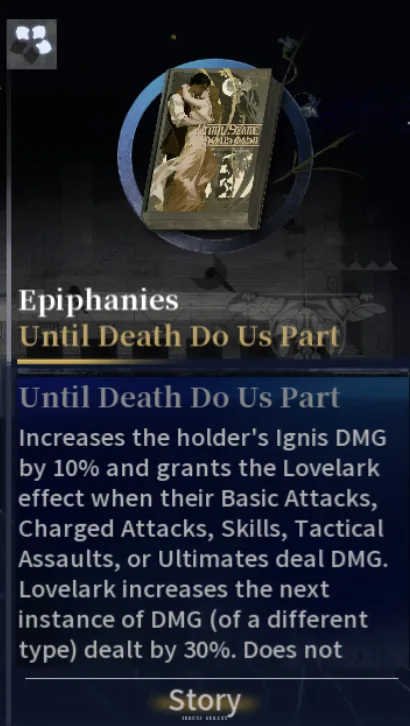 Silver Palace Epiphany tooltip for Until Death Do Us Part, showing the embracing lovers cover art and the Ignis DMG and Lovelark effect text