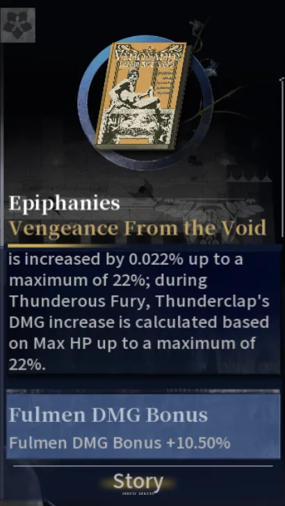 Silver Palace Epiphany tooltip for Vengeance From the Void, showing the ochre cover art, the Thunderous Fury and Thunderclap effect text, and a Fulmen DMG Bonus Addendum