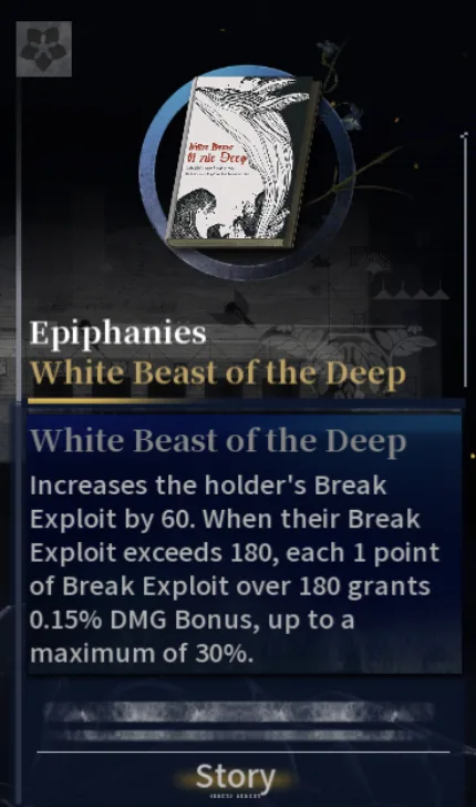 Silver Palace Epiphany tooltip for White Beast of the Deep, showing the breaching whale cover art and the Break Exploit to DMG Bonus effect text