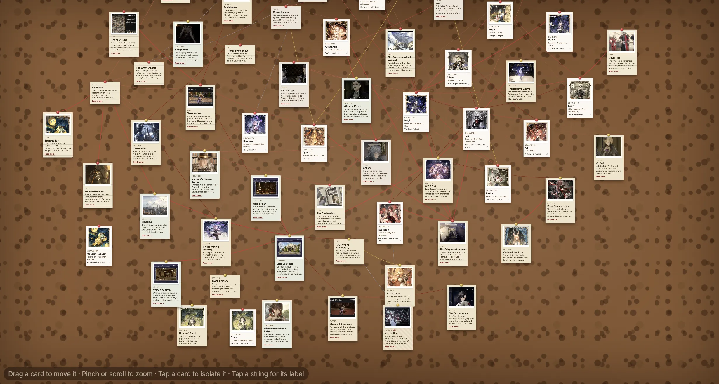 Silver Palace Detective Board showing characters, factions, locations, lore, and figures connected by red strings across a corkboard