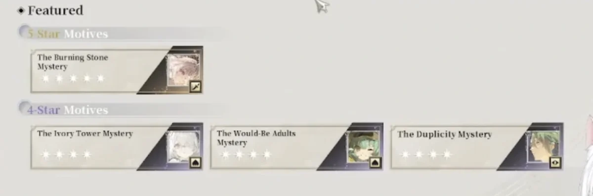 Silver Palace Motive banner featured list showing the 5-star Motive The Burning Stone Mystery and 4-star Motives The Ivory Tower Mystery, The Would-Be Adults Mystery, and The Duplicity Mystery
