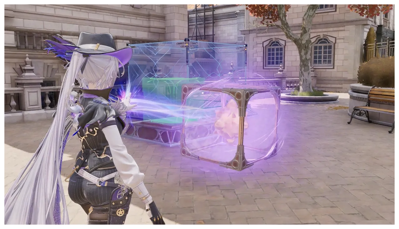 The Detective holding a glowing Electrified Core in mid-air with Silver-Kinesis, beside a second core inside a transparent cube in a Silvernia courtyard
