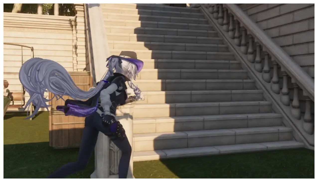 A cat sprinting down a wide stone staircase in Silvernia with the Detective giving chase behind it