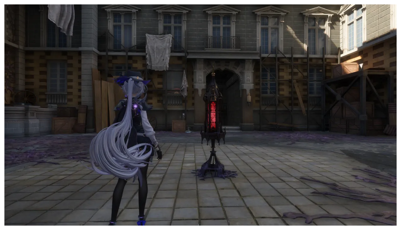 A tall lantern-shaped Blasphemous Spike glowing red in a scaffolded Silvernia courtyard, purple corruption spreading across the paving around it