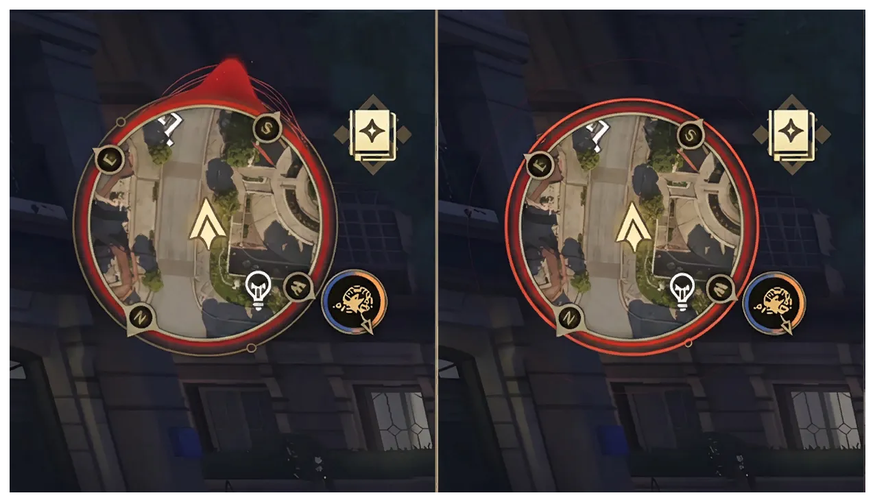 Two states of the Silver Palace Danger Radar side by side, the left showing a red directional cone at the top of the ring and the right showing the whole ring lit and flaring