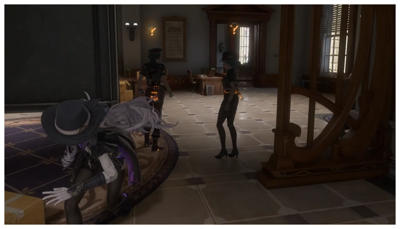 The Detective crouched behind cover in a Silvernia mansion foyer while two uniformed guards stand and patrol nearby
