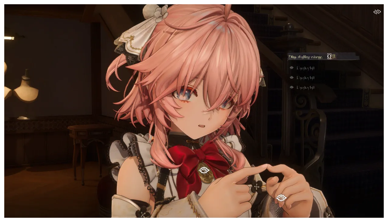 The Detective observing a character at close range in Silver Palace, with two eye-shaped observation markers highlighted on her brooch and her hands, and a clue checklist tracking progress in the corner