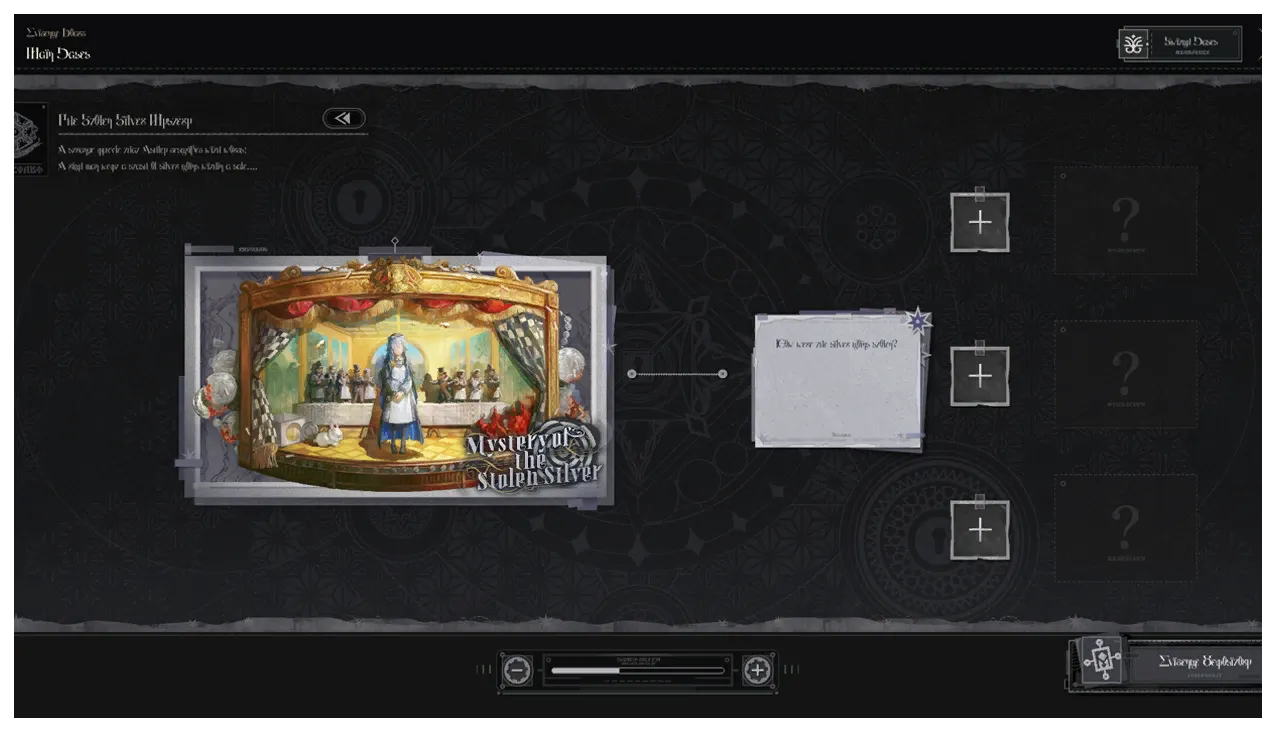The Silver Palace Evidence Board for a case, showing painted case art linked to a written note on the left, three empty evidence slots down the middle, three unrevealed hypothesis panels on the right, and a zoom control along the bottom